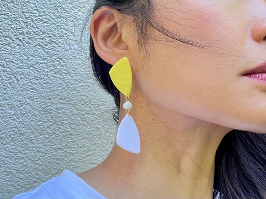 Dangle white-yellow earrings with shell bead