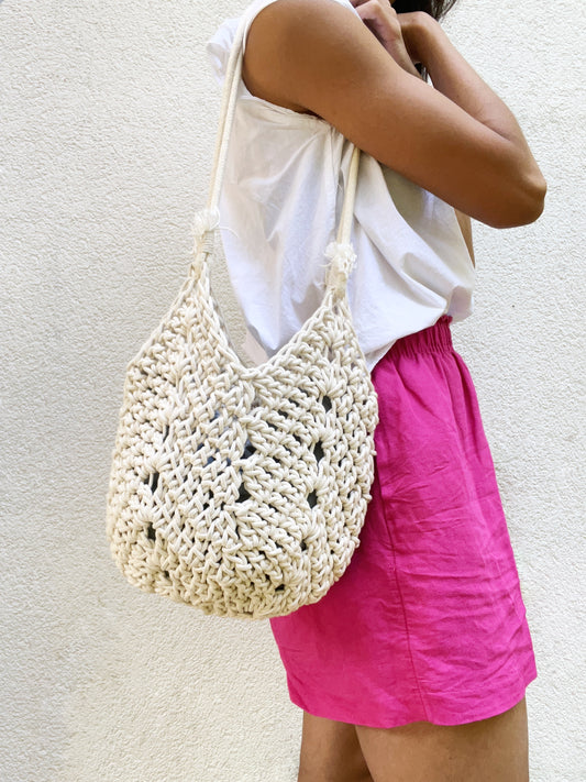 Crocheted boho natural rope purse with adjustable straps