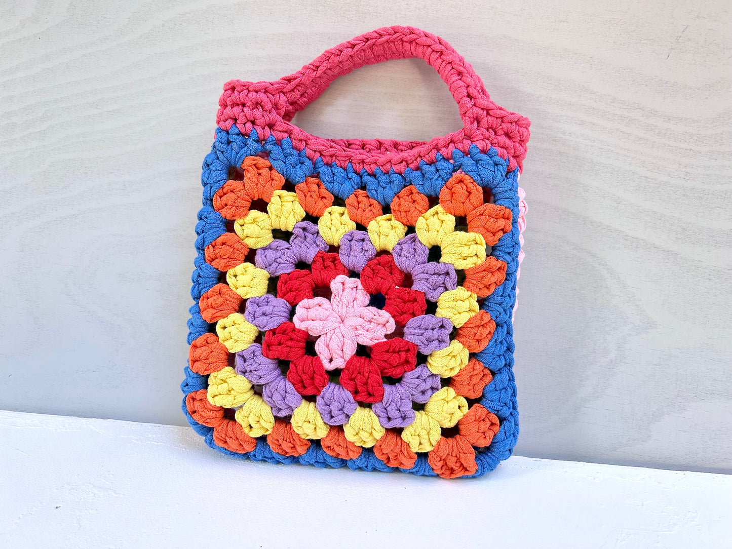 Crochet colourful granny square tote