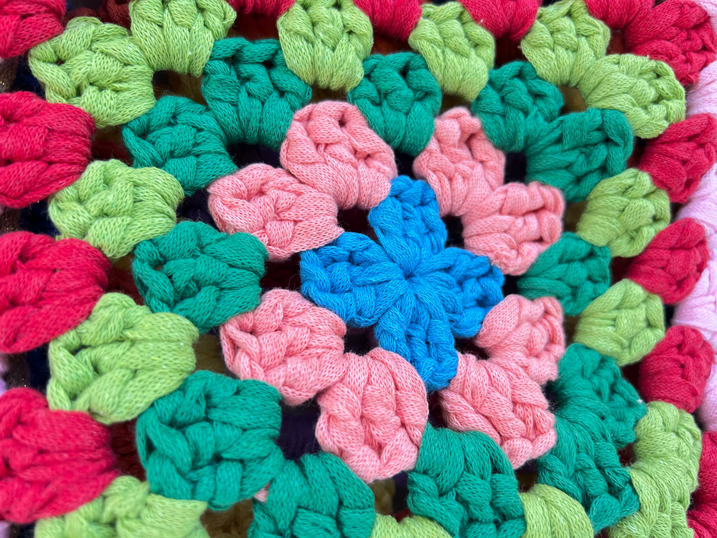 Crochet colourful granny square tote