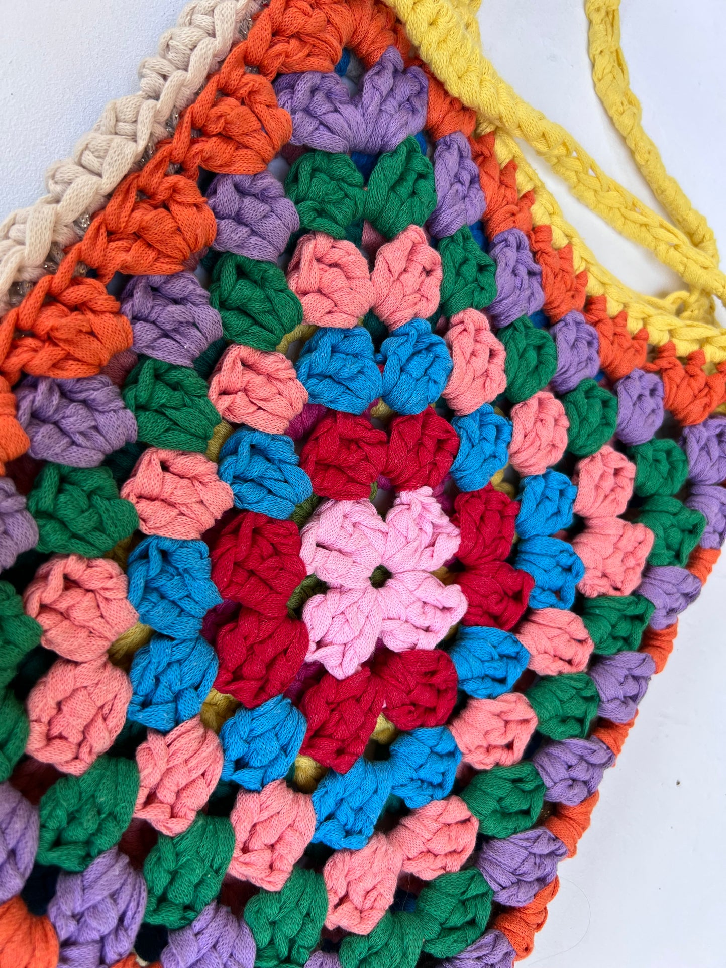 Crocheted colourful granny square tote bag
