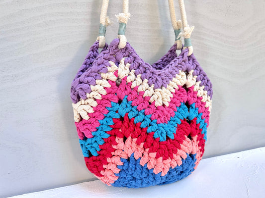 Crocheted colourful boho bag with rope straps