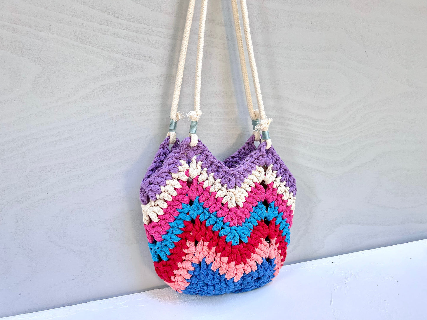 Crocheted colourful boho bag with rope straps