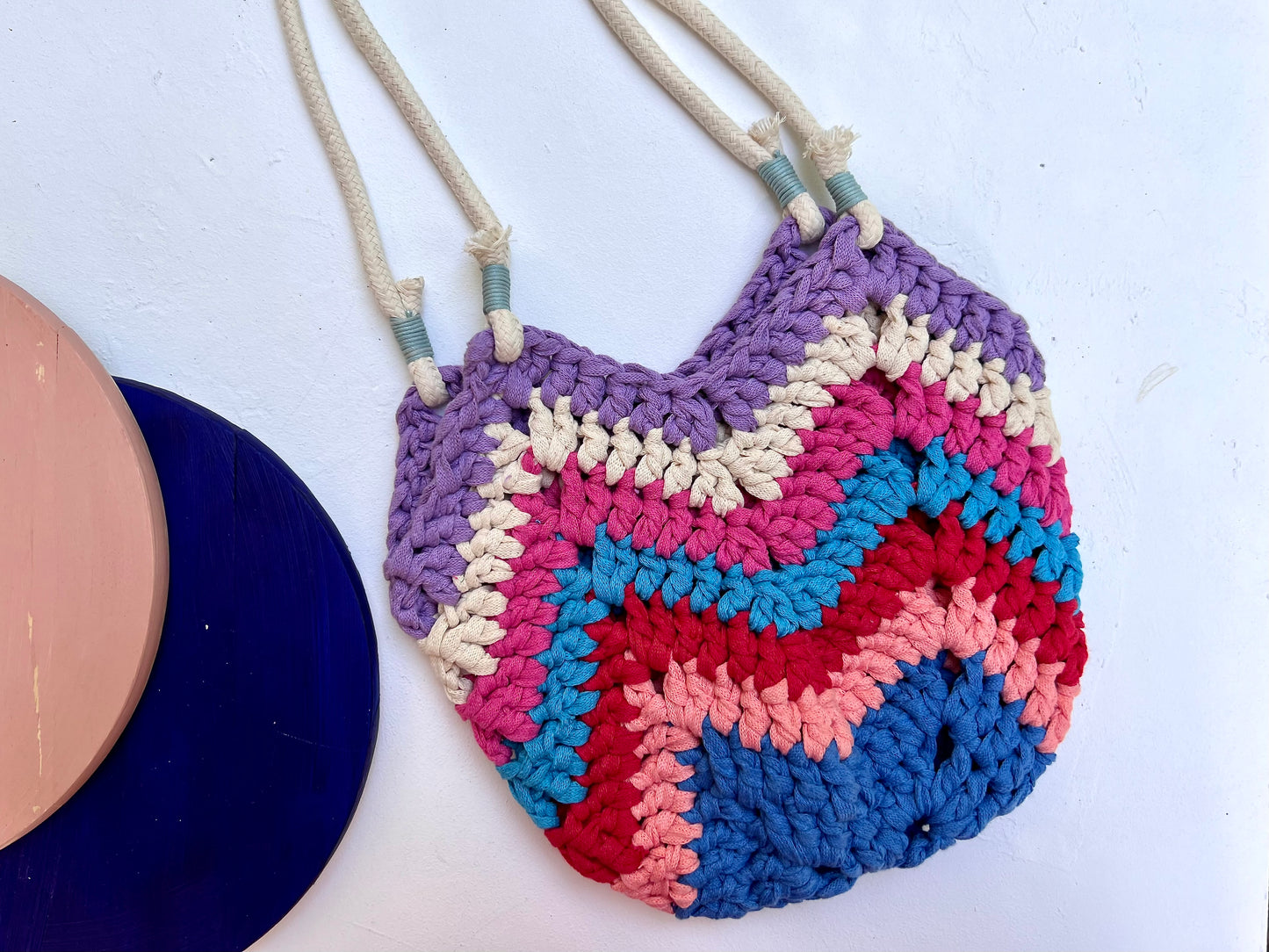 Crocheted colourful boho bag with rope straps