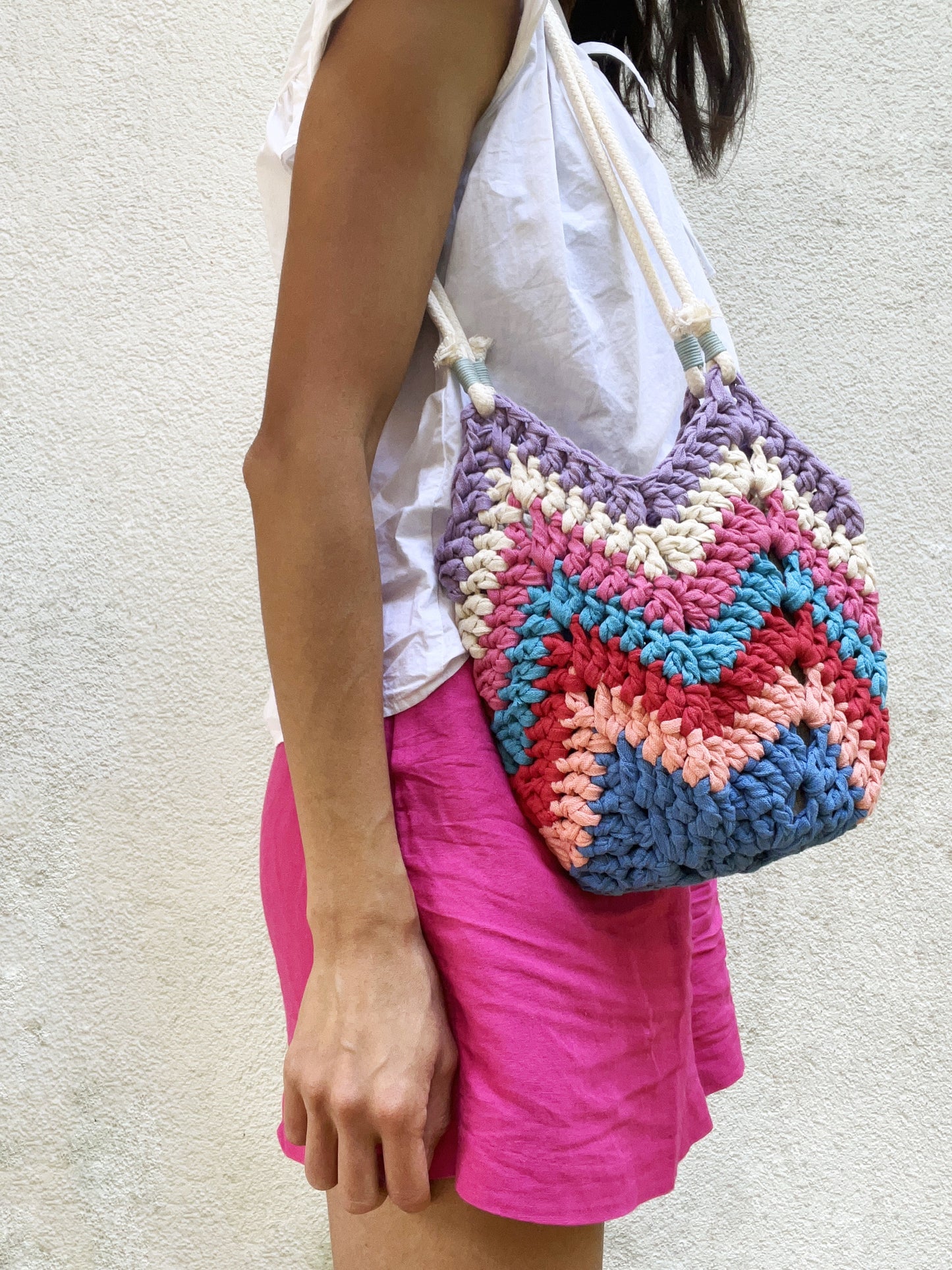 Crocheted colourful boho bag with rope straps