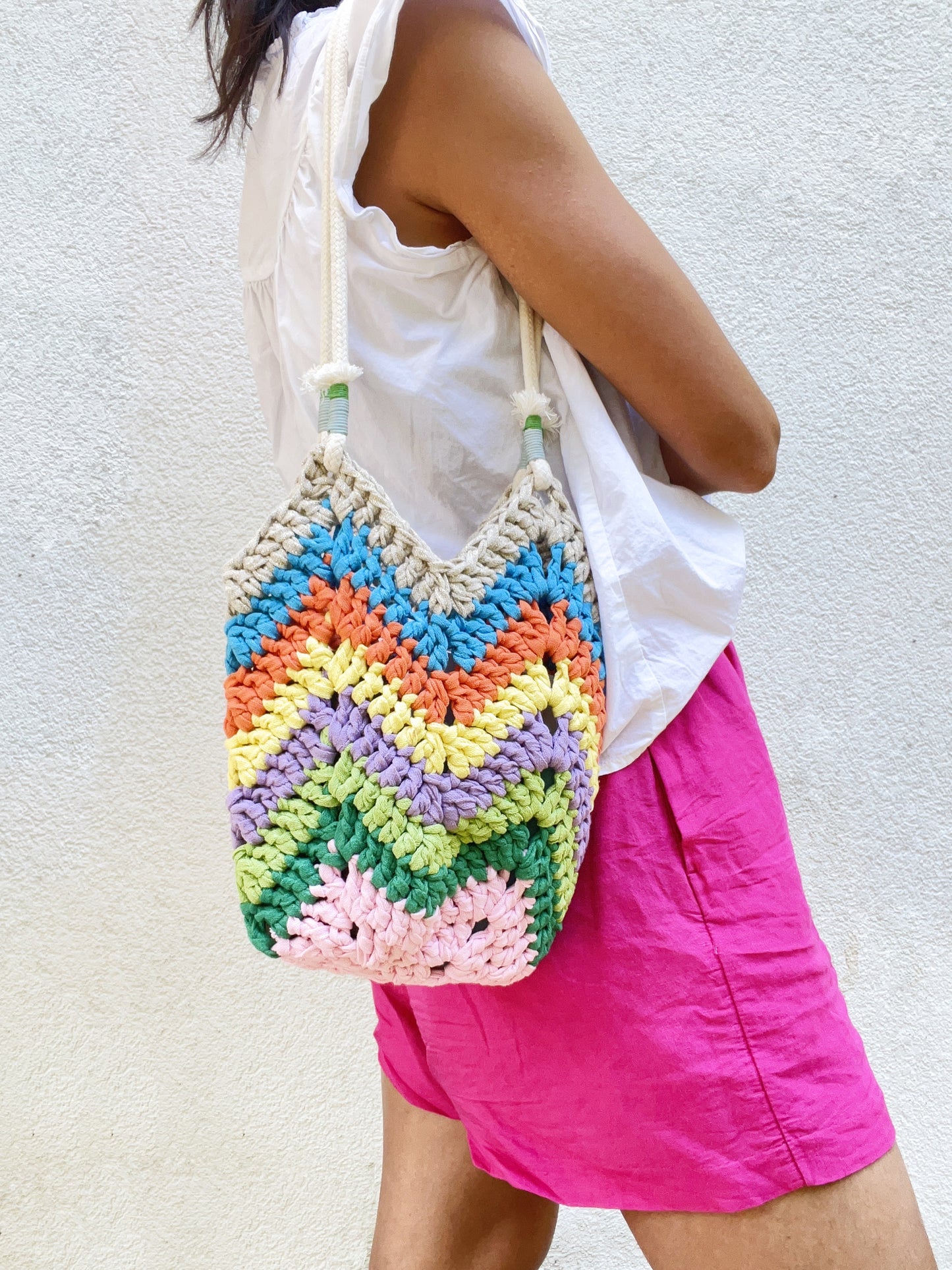 Crocheted colourful boho bag with rope straps