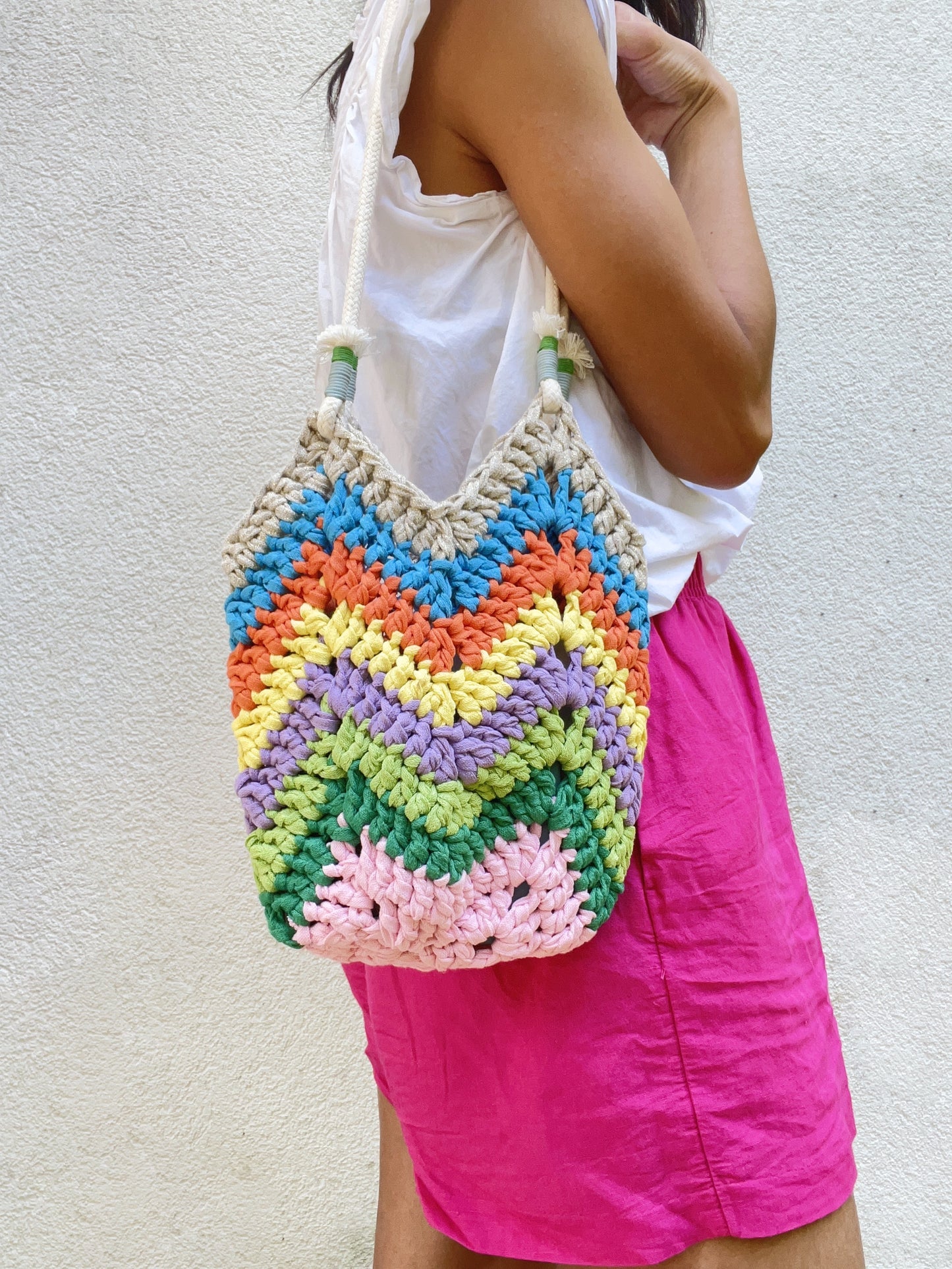 Crocheted colourful boho bag with rope straps