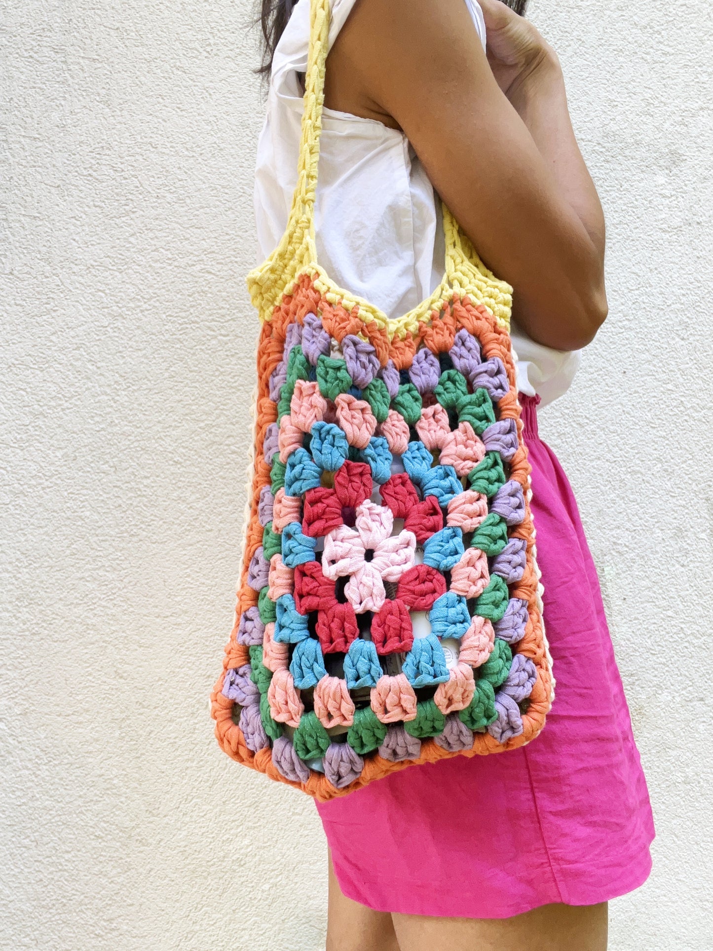 Crochet colourful granny square tote