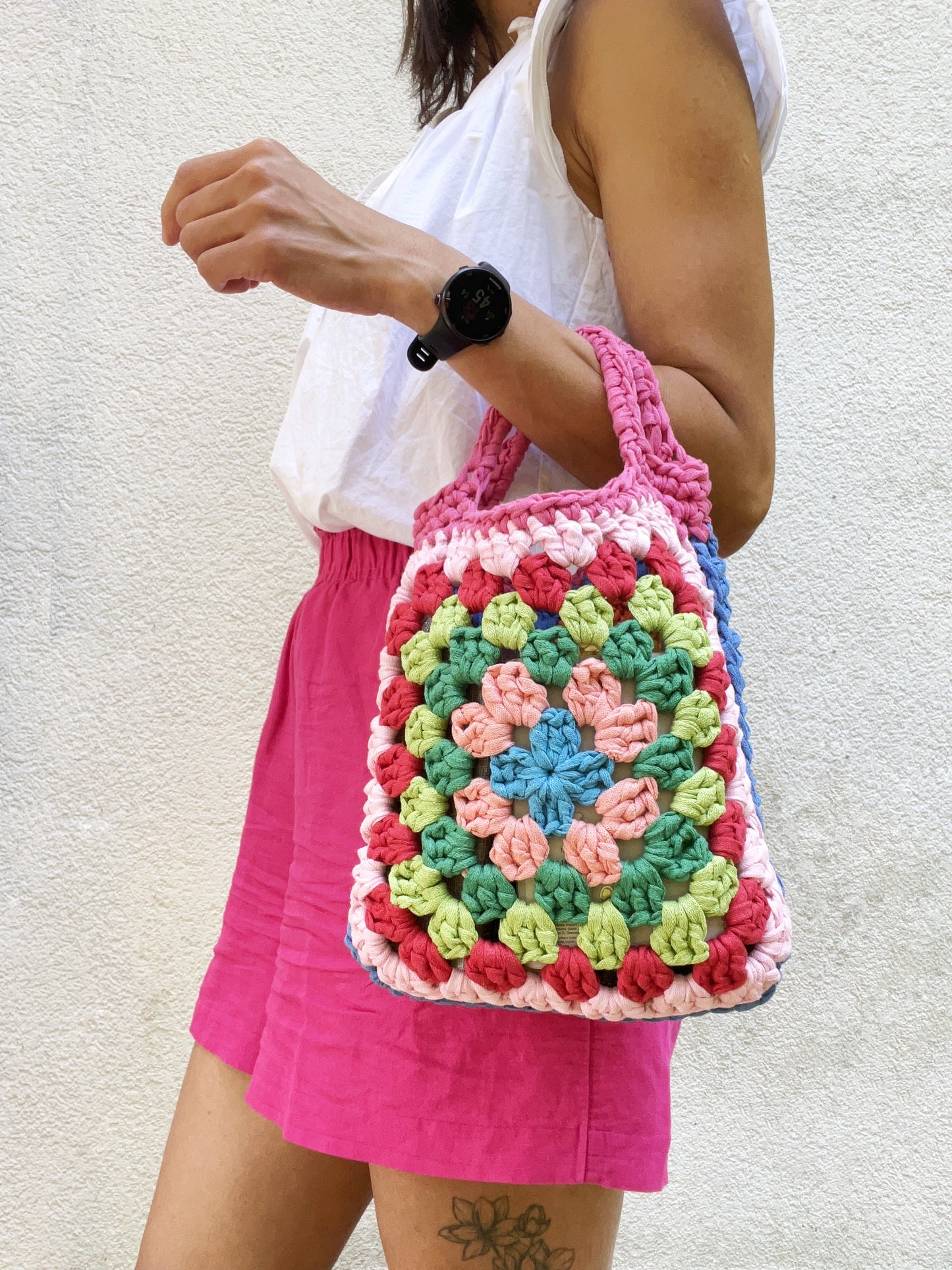 Crochet colourful granny square tote