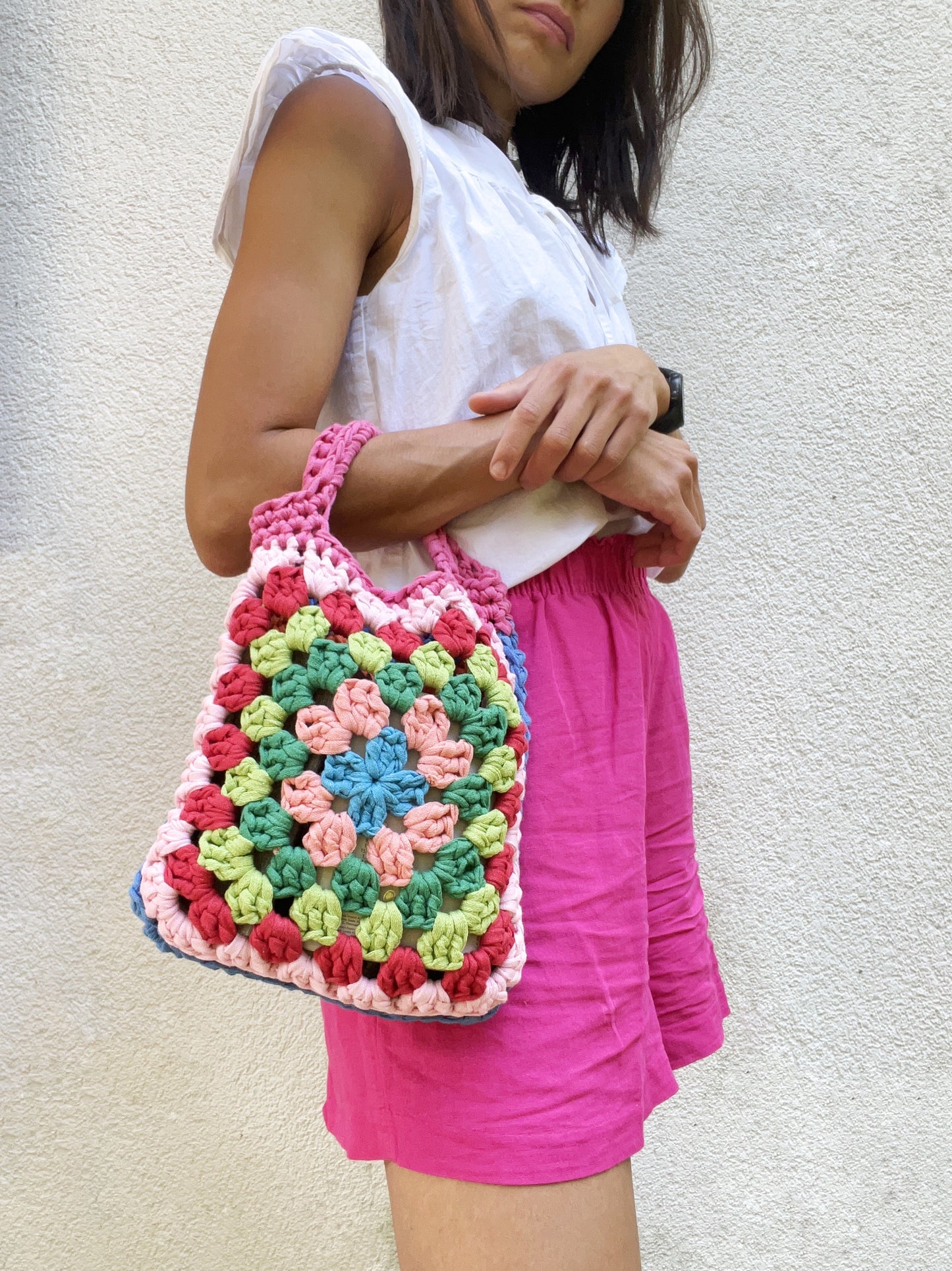 Crochet colourful granny square tote