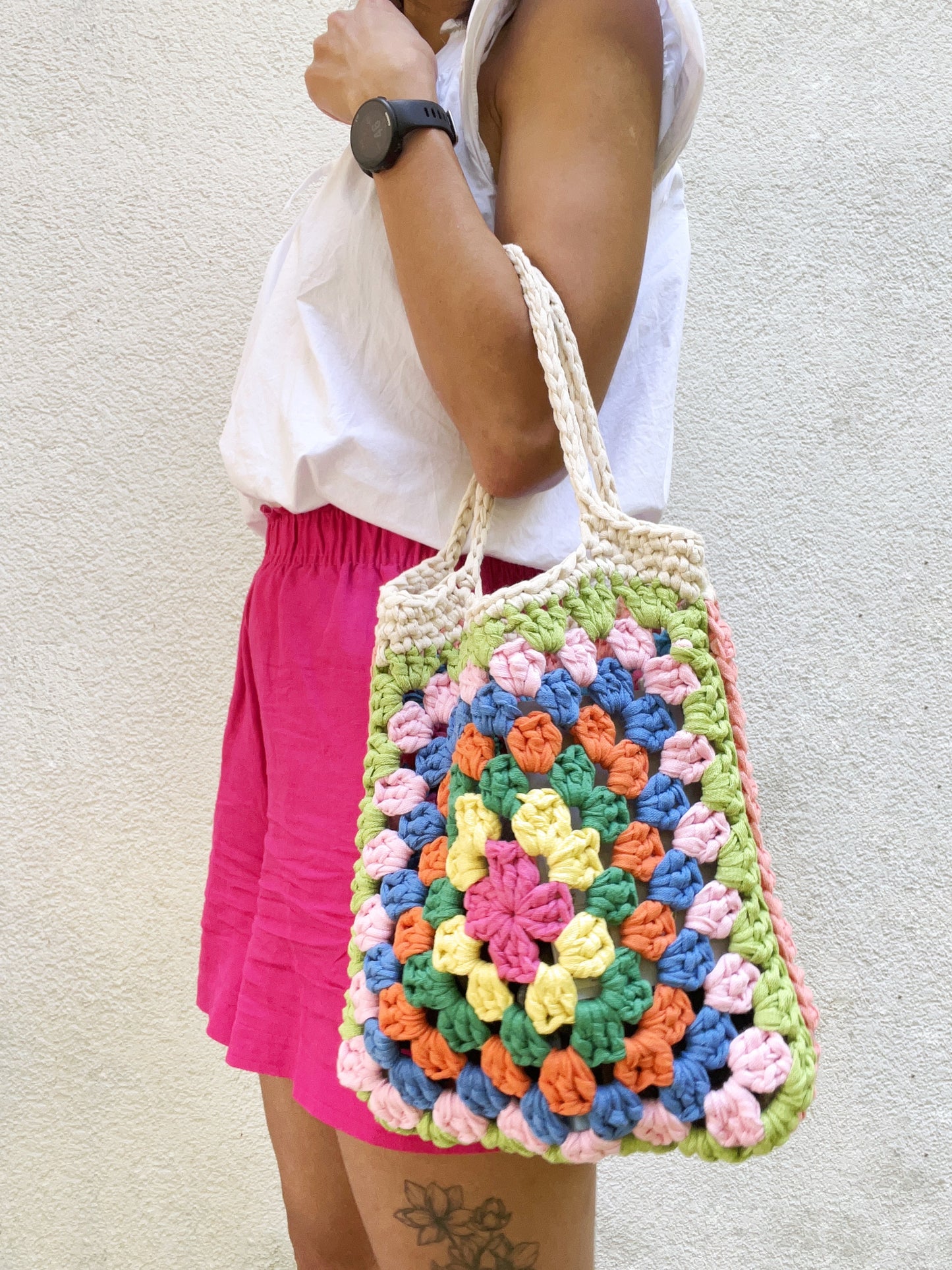 Crochet colourful granny square tote