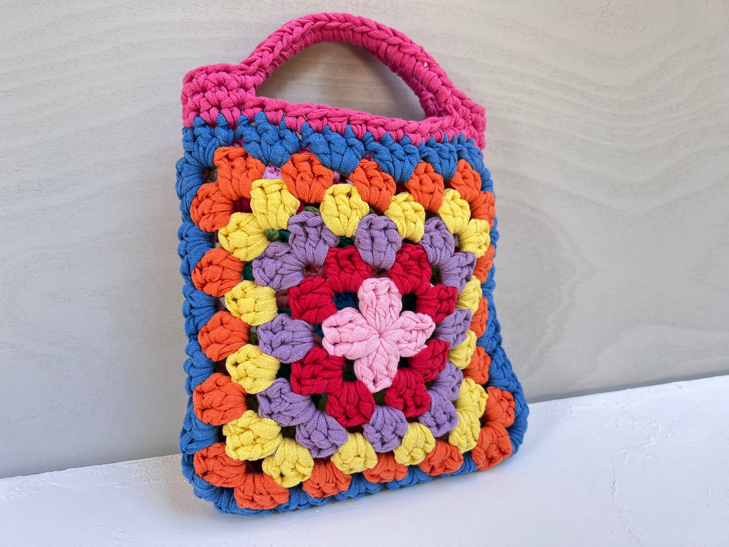 Crochet colourful granny square tote