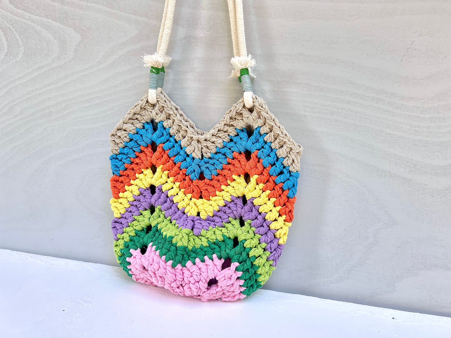 Crocheted colourful boho bag with rope straps