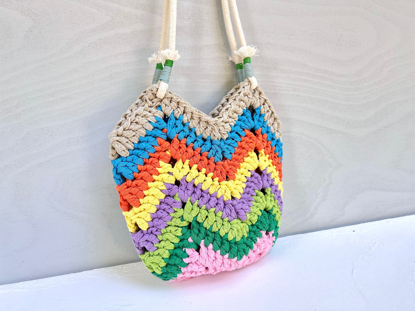 Crocheted colourful boho bag with rope straps