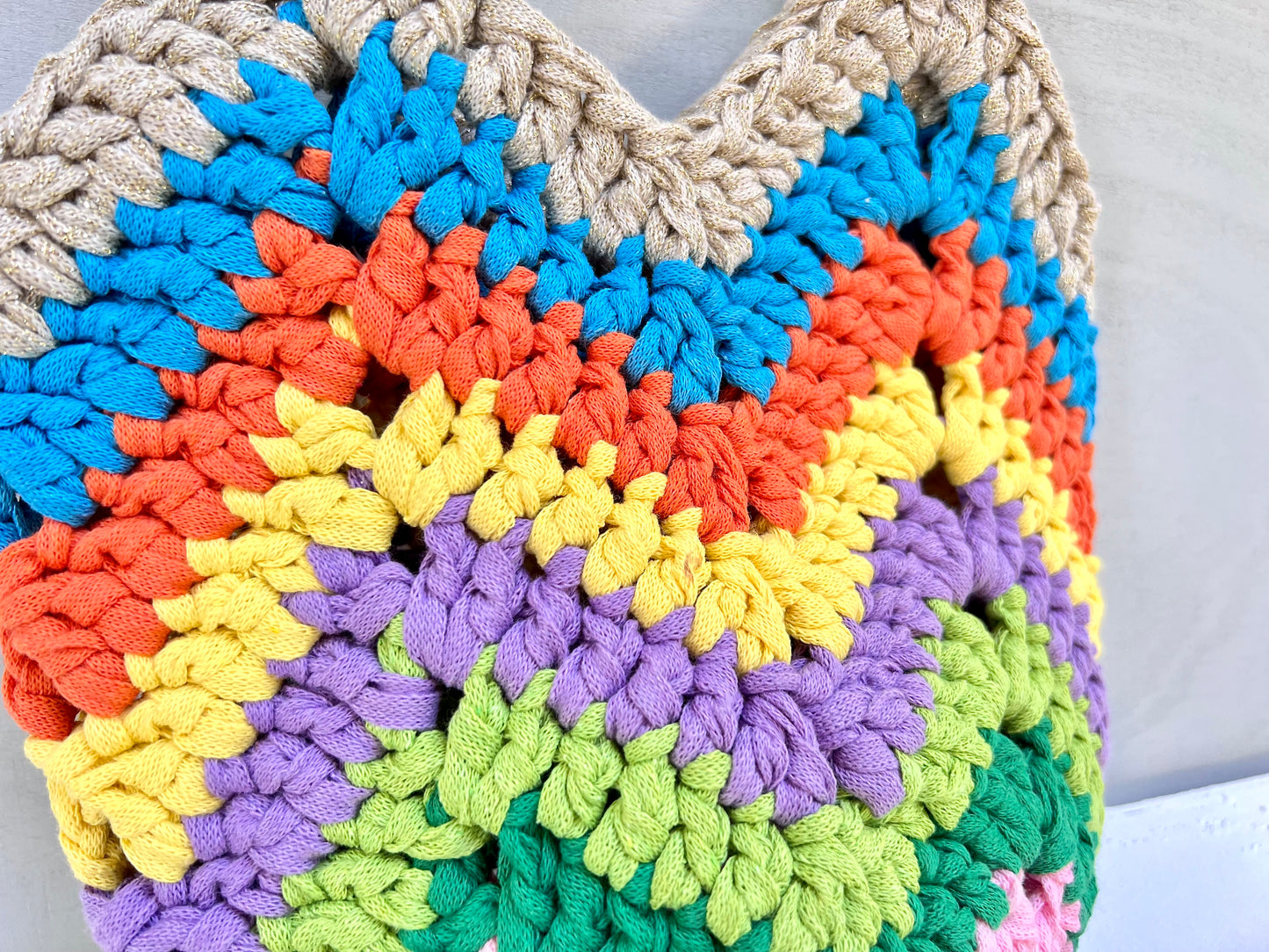 Crocheted colourful boho bag with rope straps