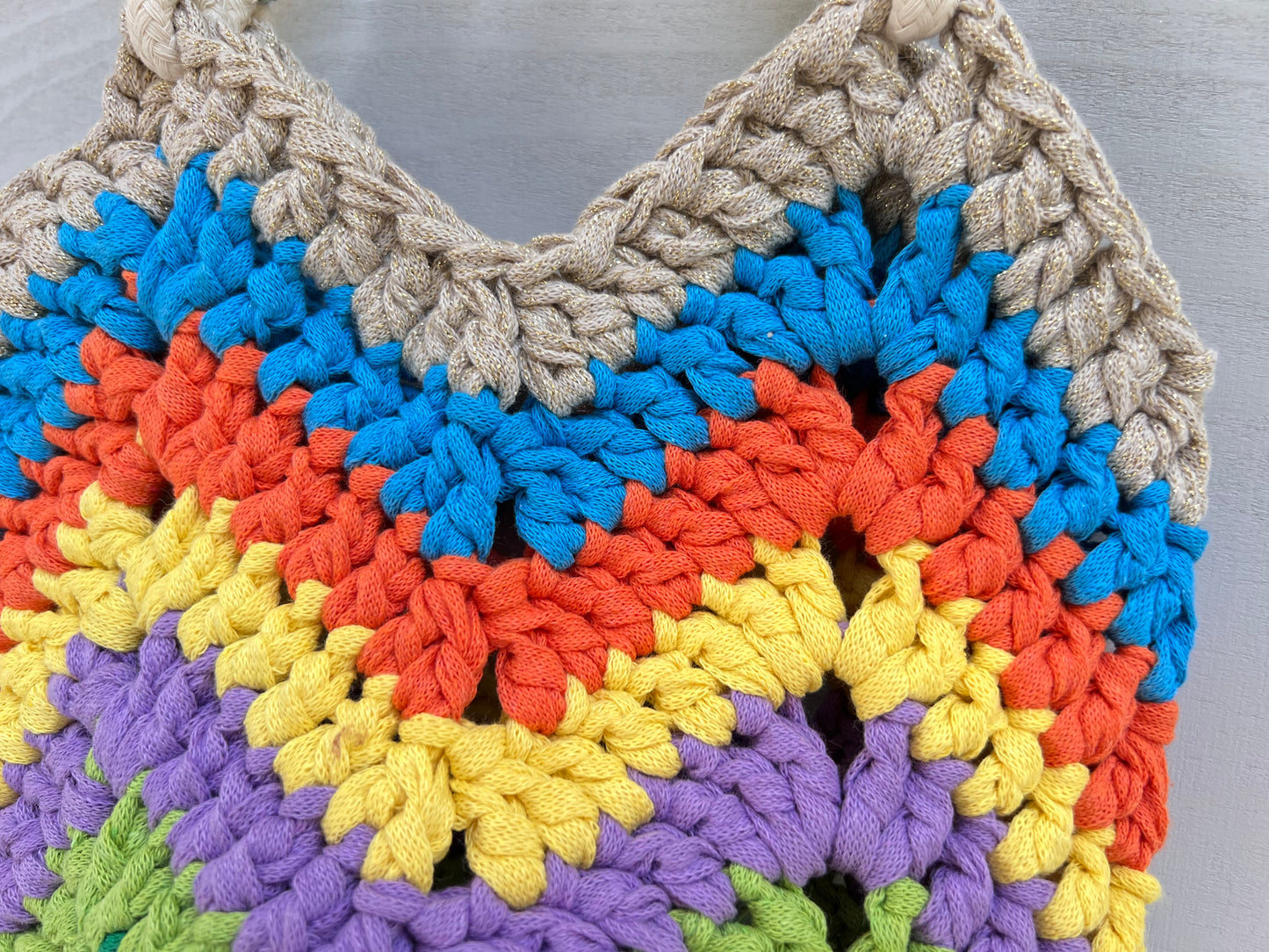 Crocheted colourful boho bag with rope straps