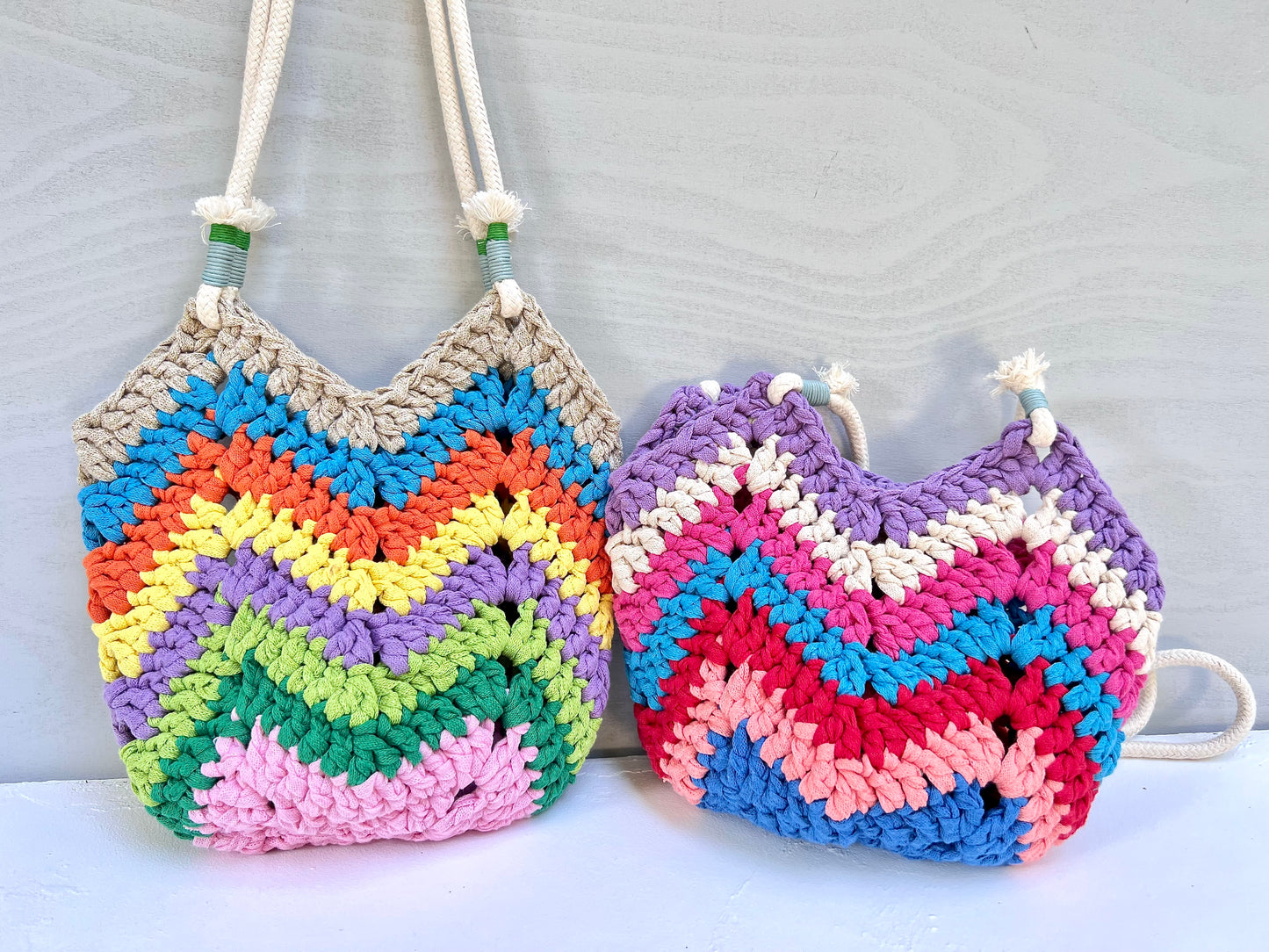 Crocheted colourful boho bag with rope straps