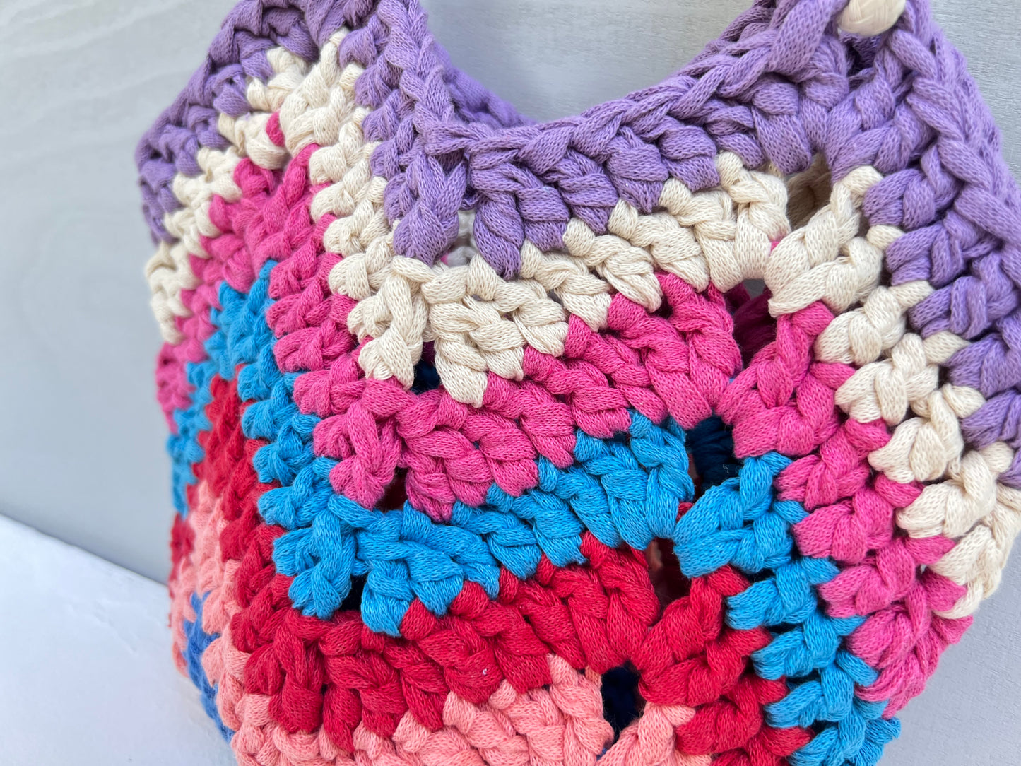 Crocheted colourful boho bag with rope straps