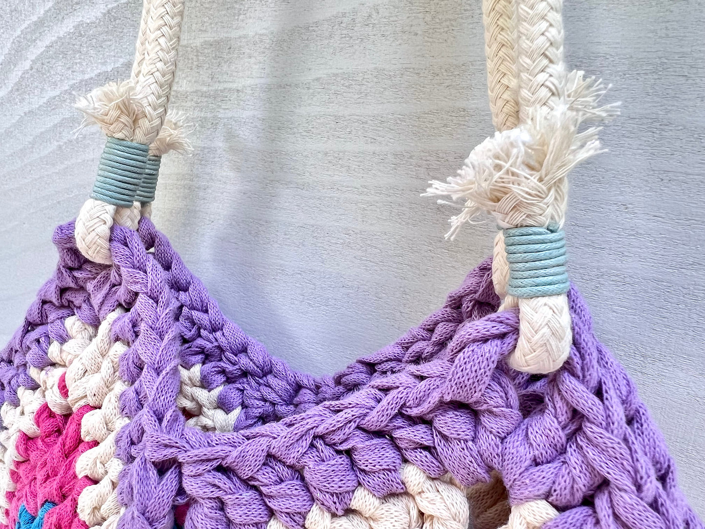 Crocheted colourful boho bag with rope straps