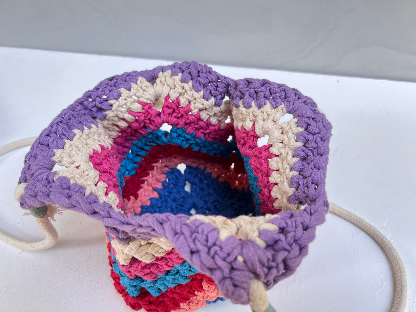 Crocheted colourful boho bag with rope straps