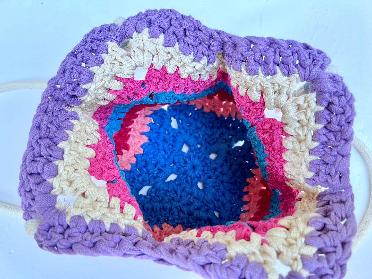 Crocheted colourful boho bag with rope straps