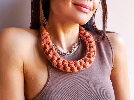 Statement recycled textile necklace BEN in Terracotta