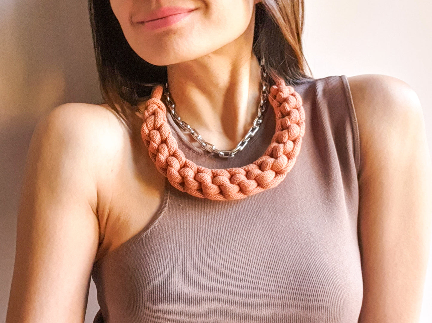 Statement recycled textile necklace BEN in Terracotta