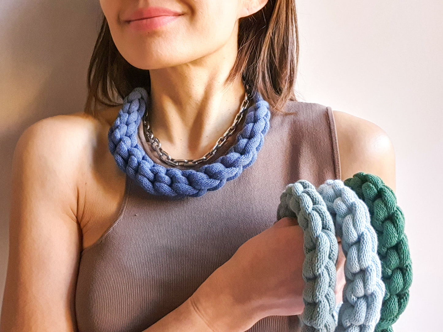 Statement recycled textile necklace BEN in Jeans