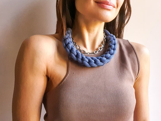 Statement recycled textile necklace BEN in Jeans