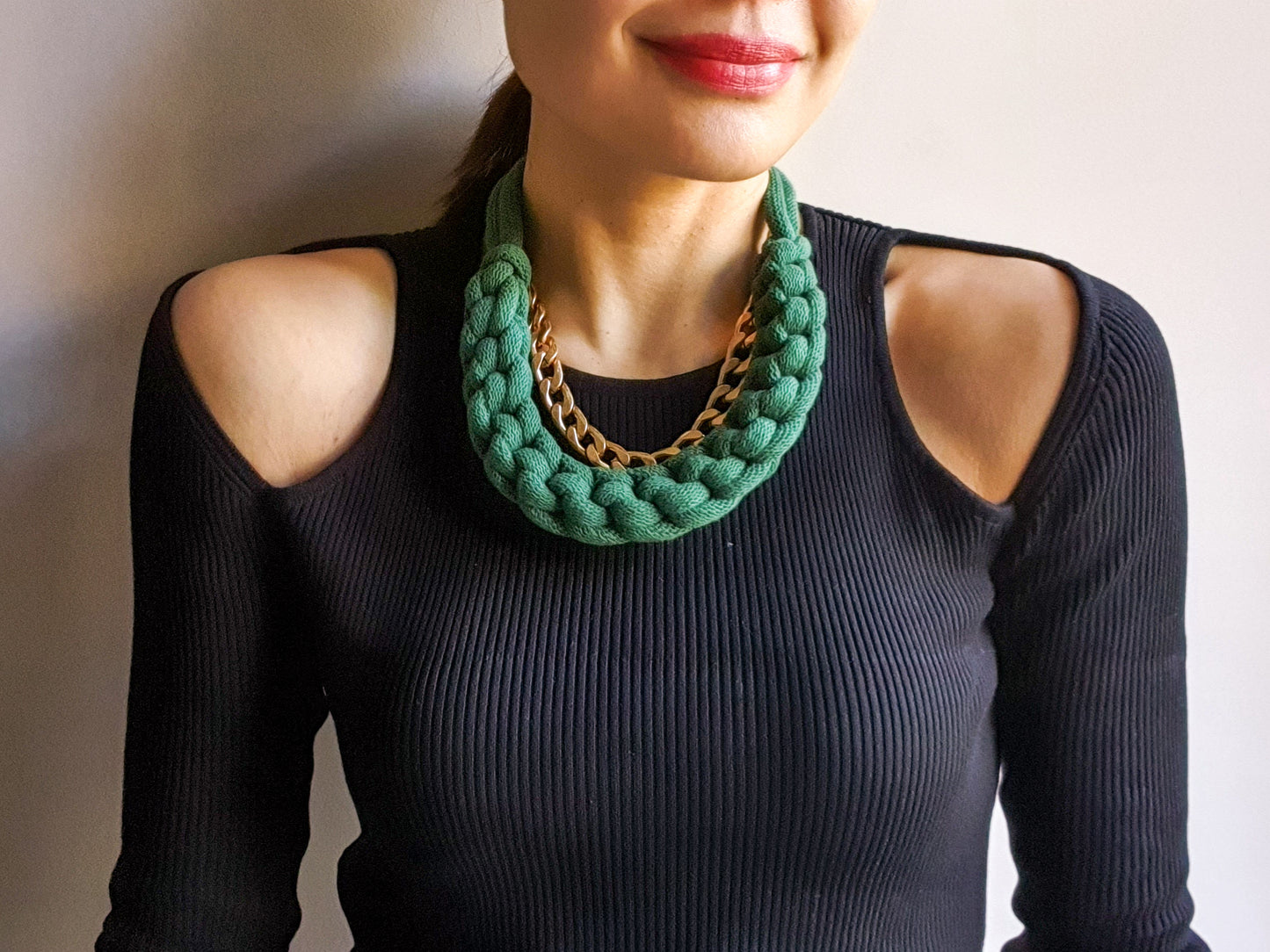 Statement recycled textile necklace BEN in Emerald