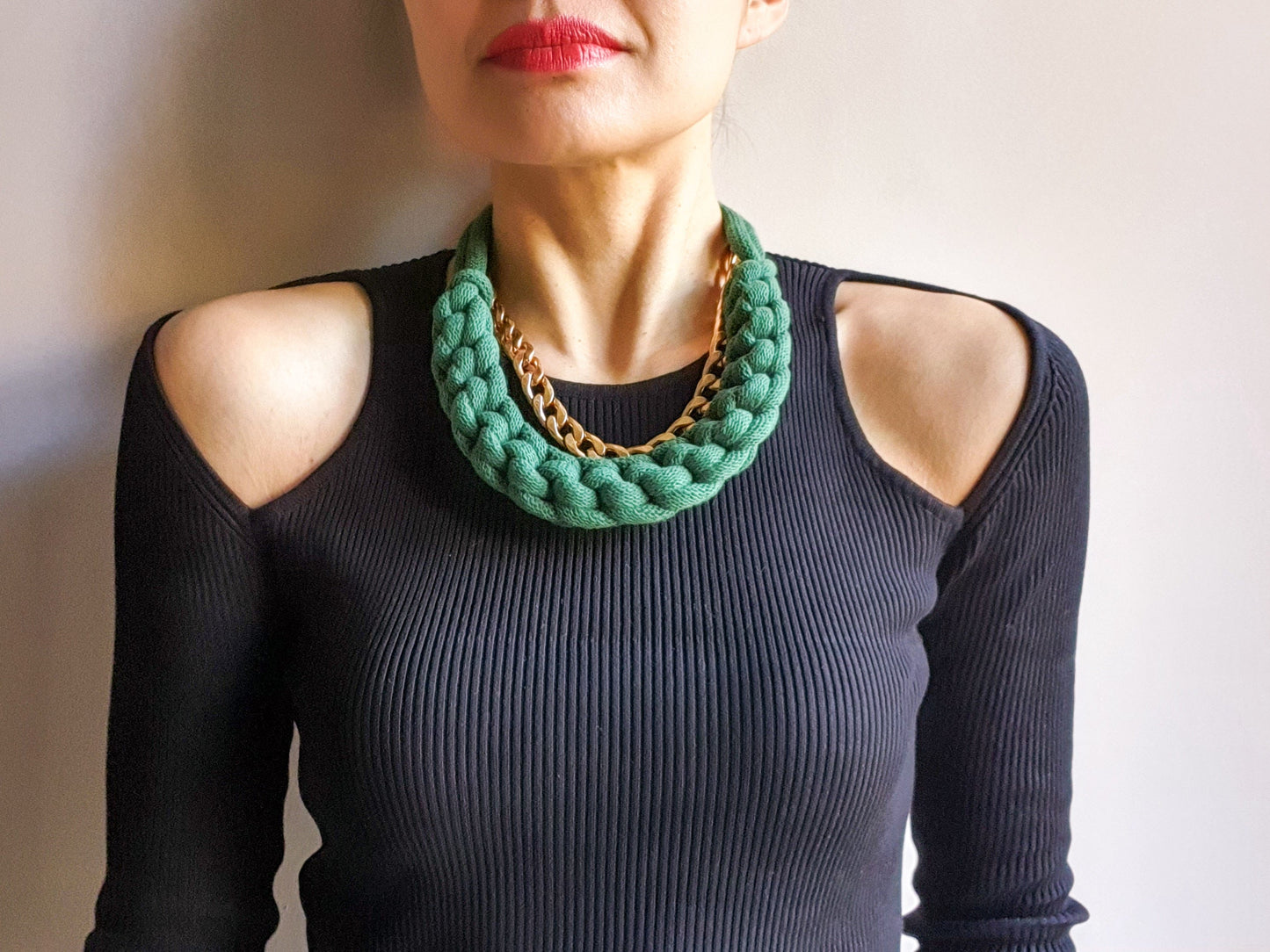 Statement recycled textile necklace BEN in Emerald