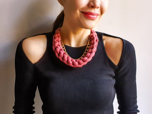 Statement recycled textile necklace BEN in Wild Rose