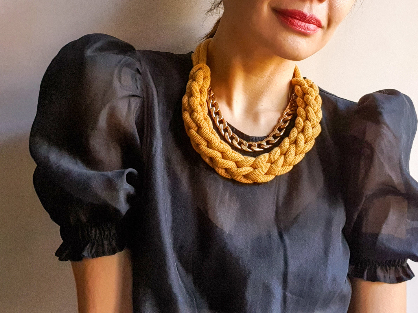 Statement recycled textile necklace BEN in Mustard