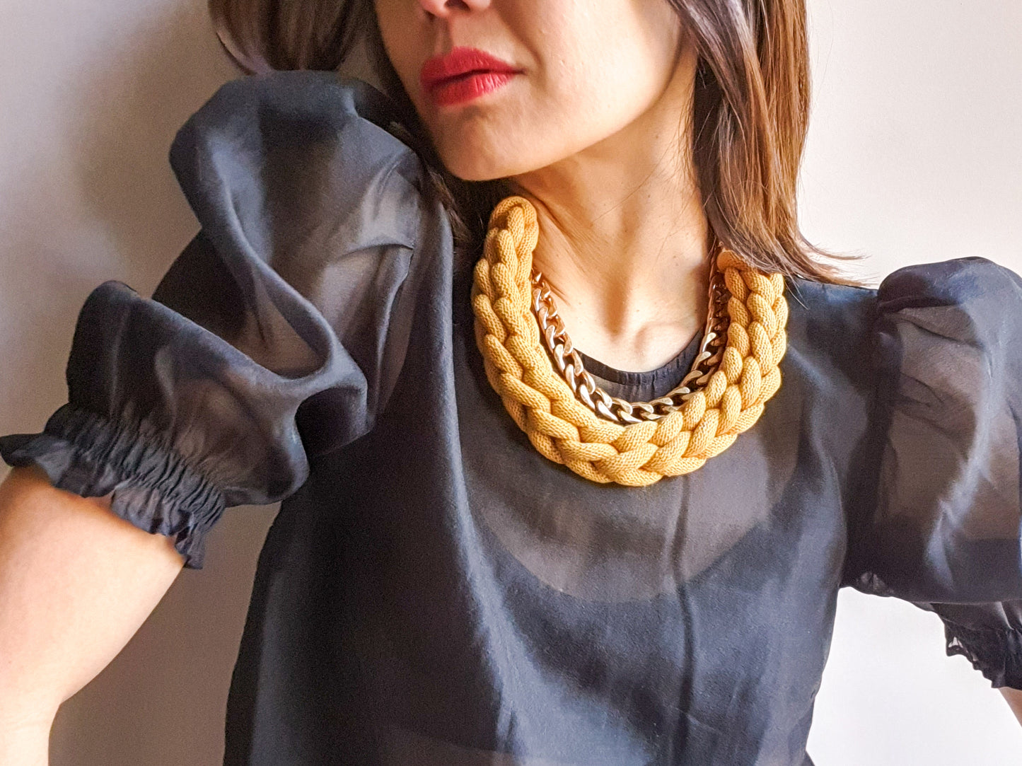 Statement recycled textile necklace BEN in Mustard